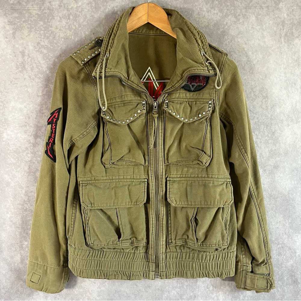 Hysteric Glamour Military Jacket Women XS Green Patch Stud Zip Coat *See Desc*